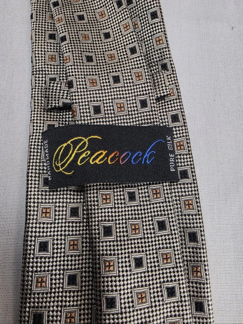 Peacock Pure Silk Geometric Square Tie Mens 60x3.75 Vintage Style